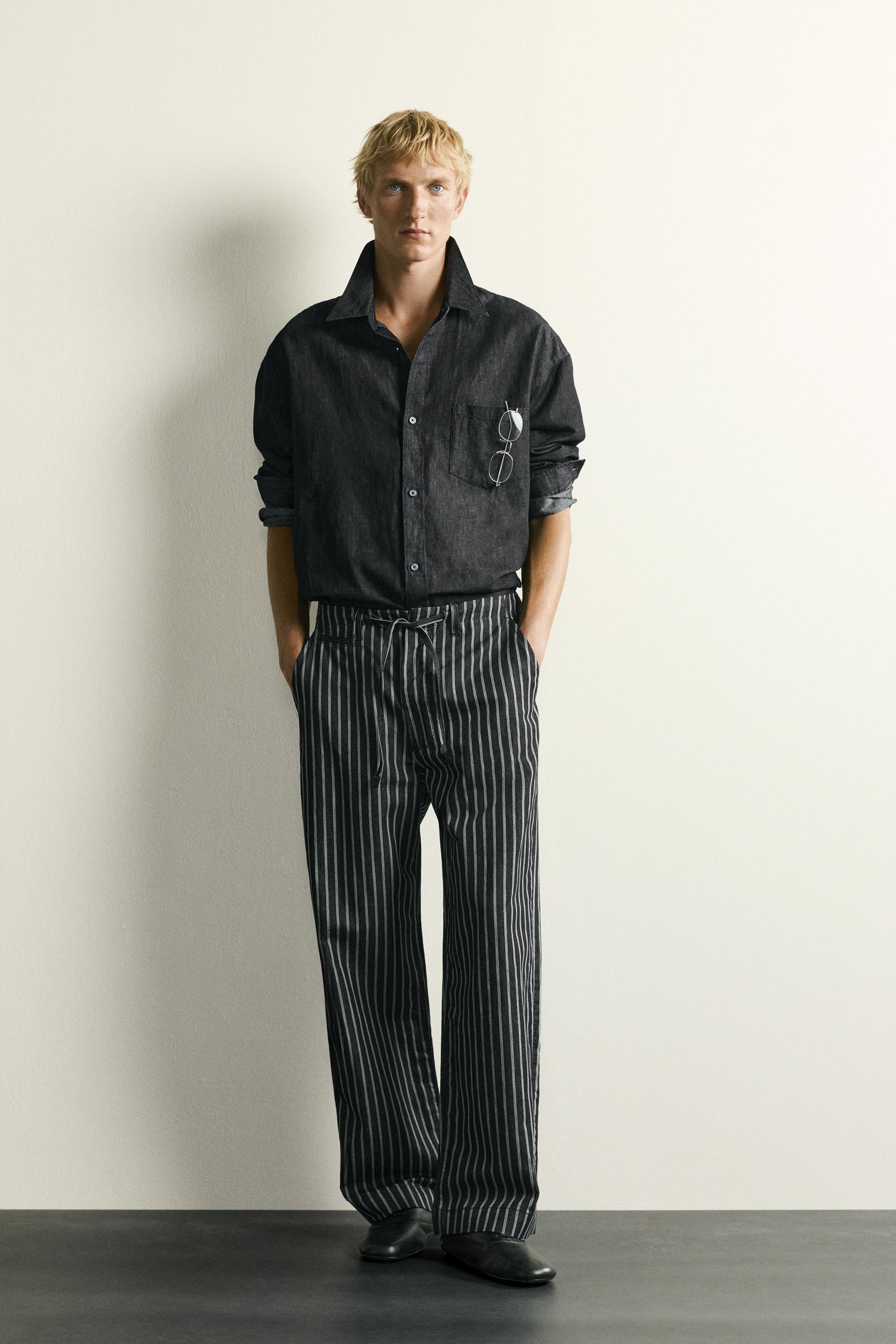 PANTALON DENIM RAYÉ COTON ET LIN